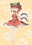  animal_ears barefoot brown_hair cat_ears cat_tail chen fuyutarou hat multiple_tails one_eye_closed paw_pose red_eyes short_hair solo tail touhou 