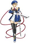  ass_visible_through_thighs beret blazblue blazblue:_calamity_trigger blonde_hair blue_footwear bolverk boots breasts cable cross detached_sleeves dress dual_wielding full_body gloves green_eyes gun handgun hat holding mori_toshimichi necktie noel_vermillion official_art open_mouth short_dress short_hair simple_background small_breasts solo standing thigh_gap thighhighs weapon zettai_ryouiki 