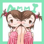  artist_request brown_hair child futami_ami futami_mami idolmaster idolmaster_(classic) multiple_girls one_eye_closed siblings twins 
