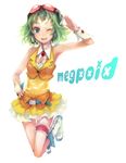  ameiro belt blue_eyes boots face full_body goggles goggles_on_head green_hair gumi headphones headset jumping midriff one_eye_closed short_hair simple_background skirt smile solo vocaloid wrist_cuffs 