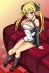  bare_shoulders blonde_hair blush breasts cleavage couch dream_c_club dream_c_club_(series) food framed_breasts jingi_sukan large_breasts legs long_hair mian_(dream_c_club) pocky sitting solo twintails waitress yellow_eyes 