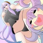  =_= black_panties blue_eyes blush_stickers breasts camisole dutch_angle from_below hairband heart kara_age large_breasts long_hair megurine_luka open_mouth panties purple_hair solo surprised takoluka underwear very_long_hair vocaloid 