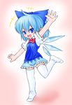  blue_eyes blue_hair bow cirno fang hair_bow noya_makoto short_hair solo thighhighs touhou wings zettai_ryouiki 