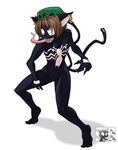  :3 animal_ears bicycle brown_hair cat_ears cat_tail chen chen_(cosplay) cosplay crossover drawfag earrings full_body fusion ground_vehicle hat highres honk_honk jewelry marvel multiple_tails parody pun short_hair solo standing symbiote tail tongue touhou venom_(marvel) 