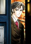  bishounen brown_eyes brown_hair doctor_who formal jacket male_focus necktie police_box raye solo tardis tenth_doctor the_doctor 