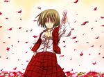  ascot bad_id bad_pixiv_id closed_umbrella field flower flower_field glowing glowing_eyes green_hair hand_on_hip ikkei_dou kazami_yuuka parasol petals plaid plaid_skirt plaid_vest red_eyes short_hair skirt skirt_set solo touhou umbrella vest 