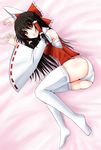  bad_id bad_pixiv_id black_hair bow detached_sleeves hair_bow hakurei_reimu long_hair mugenshiki no_pants panties red_eyes sarashi solo thighhighs touhou underwear 