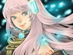  bare_shoulders blue_eyes closed_mouth detached_sleeves duplicate headphones lips long_hair looking_at_viewer megurine_luka noja number pink_hair smile solo tattoo upper_body vocaloid 