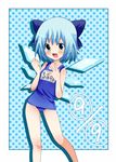  :d bad_id bad_pixiv_id blue_hair bow child cirno hair_bow no_nose one-piece_swimsuit open_mouth oshiruko_(tsume) polka_dot polka_dot_background school_swimsuit short_hair smile solo swimsuit touhou wings 