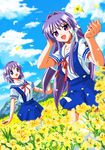  bad_id bad_pixiv_id blue_eyes clannad dutch_angle flower fujibayashi_kyou fujibayashi_ryou hikarizaka_private_high_school_uniform long_hair multiple_girls naka_noboru purple_eyes purple_hair school_uniform short_hair siblings sisters thighhighs twins 