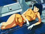  bangs belt black_eyes black_hair blunt_bangs boots breasts covered_nipples dress fa_yuiry gloves gundam lying medium_breasts military military_uniform o/p.com on_side panties short_dress smile solo space underwear uniform volvox window zeta_gundam 