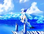  barefoot blue blue_eyes blue_hair bow cirno dearmybrothers food hair_bow mouth_hold popsicle reflection short_hair sitting sitting_on_object solo touhou v_arms water watermelon_bar wings 