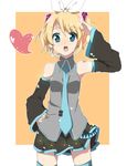  aqua_eyes bad_id bad_pixiv_id blonde_hair bow brother_and_sister cosplay hair_bow hairband hand_on_hip hatsune_miku hatsune_miku_(cosplay) heart kagamine_rin necktie open_mouth salute siblings skirt solo thighhighs twintails vocaloid yuzuha_(artist) zettai_ryouiki 