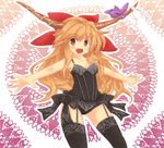  absurdres bad_id bad_pixiv_id bra fang garter_straps highres horns ibuki_suika kino_ayuri lingerie long_hair orange_hair panties red_eyes solo thighhighs touhou underwear 