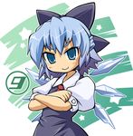  &gt;:) 1girl blue_eyes blue_hair bow cirno crossed_arms elroadmaster hair_bow short_hair smile solo touhou tsurime v-shaped_eyebrows wings 