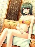  bad_id bad_pixiv_id bikini green_hair hairband idolmaster idolmaster_(classic) mole mole_under_mouth navel otonashi_kotori red_eyes sauna short_hair sitting solo sweat swimsuit totokichi wet 