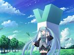  cloud day hatsune_miku kageira long_hair one_eye_closed open_mouth sky solo spring_onion thighhighs tree twintails very_long_hair vocaloid 