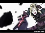  amino_(tn7135) armor armored_dress artoria_pendragon_(all) bad_id bad_pixiv_id blonde_hair broken_armor dark_excalibur dress fate/stay_night fate_(series) foreshortening highres letterboxed open_mouth pale_skin saber_alter shouting solo sword weapon yellow_eyes 