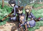  aisha_neumann armor black_hair blonde_hair blue_eyes bow brown_hair drill_hair forest gloves gun hair_bow hair_over_one_eye hans_(senjou_no_valkyria) happy hug knee_pads knees_together_feet_apart marina_wulfstan military military_uniform morisu multiple_girls nature pig rifle scope senjou_no_valkyria senjou_no_valkyria_1 short_hair short_twintails sitting skirt smile sniper_rifle squatting susie_evans thighhighs twin_drills twintails uniform weapon zettai_ryouiki 