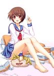  :d barefoot brown_hair feet kiyosumi_school_uniform mahjong miyanaga_saki neckerchief open_mouth pillow red_eyes red_neckwear saki school_uniform serafuku short_hair sitting skirt smile solo tomifumi 