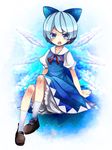  alternate_hairstyle arm_support bad_id bad_pixiv_id blue_eyes blue_hair bow cirno dress hair_bow mary_janes open_mouth shoes short_hair sitting socks solo touhou wings yukibina 