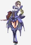  afurichin armor armored_dress blue_eyes bnahabra_(armor) breasts covered_nipples gloves highres ingot_(armor) monster_hunter monster_hunter_3 purple_hair shield small_breasts solo sword thighhighs weapon white_background 
