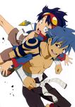  absurdres artist_request bandages belt blue_hair core_drill drill highres kamina locked_arms male_focus multiple_boys muscle official_art open_mouth red_eyes sarashi shirtless simon tattoo tengen_toppa_gurren_lagann 