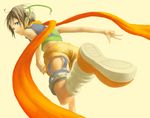  bare_shoulders brown_hair final_fantasy final_fantasy_vii foreshortening kenta_hiroshi looking_back midriff running scarf short_hair shorts sleeveless sleeveless_turtleneck solo turtleneck yuffie_kisaragi 