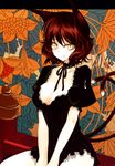  absurdres animal_ears blush breasts brown_hair cat_ears cat_tail chen cleavage closed_mouth dress fang highres large_breasts multiple_tails nekomata no_bra older ribbon short_dress short_hair slit_pupils smile solo source_request tail takaharu touhou yellow_eyes 