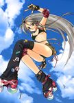  bikini blue_eyes breasts clannad cloud collar day elbow_pads fingerless_gloves gloves hairband highres inline_skates jumping knee_pads long_hair medium_breasts onaya_masakazu roller_skates sakagami_tomoyo silver_hair skates solo swimsuit underboob 