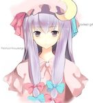  bad_id bad_pixiv_id bow character_name crescent english hair_bow hat hatss long_hair patchouli_knowledge pink_bow purple_eyes purple_hair solo touhou 