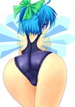  ass bent_over blue_eyes blue_hair bow cirno from_behind hair_bow kawashi_(usamilenko) looking_back one-piece_swimsuit school_swimsuit short_hair solo swimsuit touhou wings 