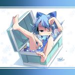 barefoot blue_eyes blue_hair bow cirno cooler eating feet food hair_bow ham_(points) ice mundane_utility one_eye_closed popsicle solo touhou water 