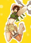  armor arms_up bad_id bad_pixiv_id black_locust brown_eyes brown_hair final_fantasy final_fantasy_vii headband jumping midriff open_fly short_hair shorts shuriken sleeveless sleeveless_turtleneck smile solo turtleneck unzipped yuffie_kisaragi 