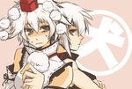  aner_rolange back-to-back bad_id bad_pixiv_id bare_shoulders detached_sleeves dual_persona grey_eyes hat inubashiri_momiji kadotarou m.u.g.e.n multiple_girls nervous parody short_hair sleeveless sweat tokin_hat touhou white_hair 