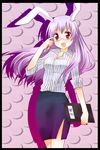  adjusting_eyewear alternate_costume animal_ears bad_id bad_pixiv_id bespectacled bunny_ears contemporary glasses izumi_minami long_hair miniskirt open_mouth pencil_skirt purple_hair red_eyes reisen_udongein_inaba shirt skirt sleeves_folded_up smile solo striped striped_shirt touhou 