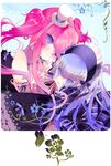  blue_eyes blue_hair breast_press breasts choker cosmos_(the_crying_moon) flower hat highres lolita_fashion long_hair medium_breasts mini_hat mini_top_hat multiple_girls one_eye_closed original pink_hair ribbon top_hat twintails 