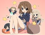  &gt;_&lt; akiyama_mio bad_id bad_pixiv_id barefoot black_hair blonde_hair brown_eyes brown_hair chibi closed_eyes eyebrows feet food hairband happy hirasawa_yui ice_cream k-on! kotobuki_tsumugi long_hair multiple_girls ninja_toes no_legwear panties pantyshot school_uniform short_hair smile tainaka_ritsu take_shinobu underwear 