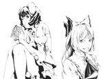  animal_ears bunny_ears dress drinking drinking_straw fujiwara_no_mokou greyscale grin inaba_tewi monochrome multiple_girls realistic ribbon short_hair sitting smile sousou_(sousouworks) touhou 