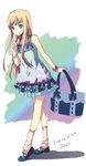  bad_id bad_pixiv_id bag blonde_hair blue_eyes bracelet bug butterfly casual crossed_legs dress handbag heart highres index_finger_raised insect jewelry juke kneehighs long_hair original ribbon signature socks solo standing watson_cross 