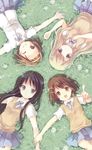  akiyama_mio black_hair blonde_hair blue_eyes brown_eyes brown_hair dandelion flower from_above grass hands hirasawa_yui k-on! kotobuki_tsumugi long_hair lying multiple_girls one_eye_closed pointing school_uniform short_hair silverms2 tainaka_ritsu 