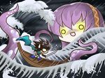  black_hair boat chibi crossover hairband katana kisuke megurine_luka o_o oboro_muramasa ocean pink_hair rain scarf storm sweatdrop sword takoluka tendoast vocaloid watercraft waves weapon 