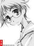  glasses gofu greyscale kiyosumi_school_uniform monochrome saki school_uniform serafuku sketch solo spot_color traditional_media yoshitome_miharu 