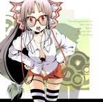  alternate_costume bad_id bad_pixiv_id bespectacled bow cigarette contemporary engrish fujiwara_no_mokou glasses hair_bow highres long_hair panties ranguage red_eyes shorts silver_hair smoking solo striped striped_legwear suspenders thighhighs touhou underwear yae_(mono110) 