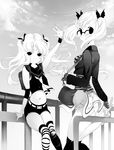  backpack bag cosmos_(the_crying_moon) glasses greyscale highres monochrome multiple_girls original panties shorts side-tie_panties thighhighs underwear upskirt wind wind_lift 