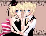  1girl aqua_eyes bad_id bad_pixiv_id black_dress blonde_hair brother_and_sister doll_joints dress earrings hat heart jewelry kagamine_len kagamine_rin mini_hat mini_top_hat necktie sakuragi_mikan short_hair siblings smile spade_(shape) top_hat twins vocaloid yellow_neckwear 