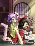  bad_id bad_pixiv_id barefoot black_hair bow detached_sleeves feet flower foot_tickling hair_flower hair_ornament hakurei_reimu hidebo hieda_no_akyuu multiple_girls one_eye_closed purple_eyes purple_hair red_eyes short_hair single_sock socks thighhighs tickling touhou 