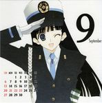 black_hair calendar_(medium) copyright_request highres nakamura_takeshi one_eye_closed police police_uniform solo uniform 