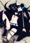  akaya belt bikini_top black_hair black_rock_shooter black_rock_shooter_(character) boots burning_eye chain front-tie_top highres long_hair lying midriff scar shorts solo star 