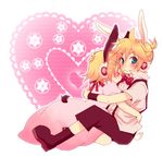  1girl animal_ears aqua_eyes blonde_hair blush boots brother_and_sister bunny_ears closed_eyes dress hair_ornament hairclip hug kagamine_len kagamine_rin short_hair siblings sitting tsuyuka_(sunny_spot) twins vocaloid 